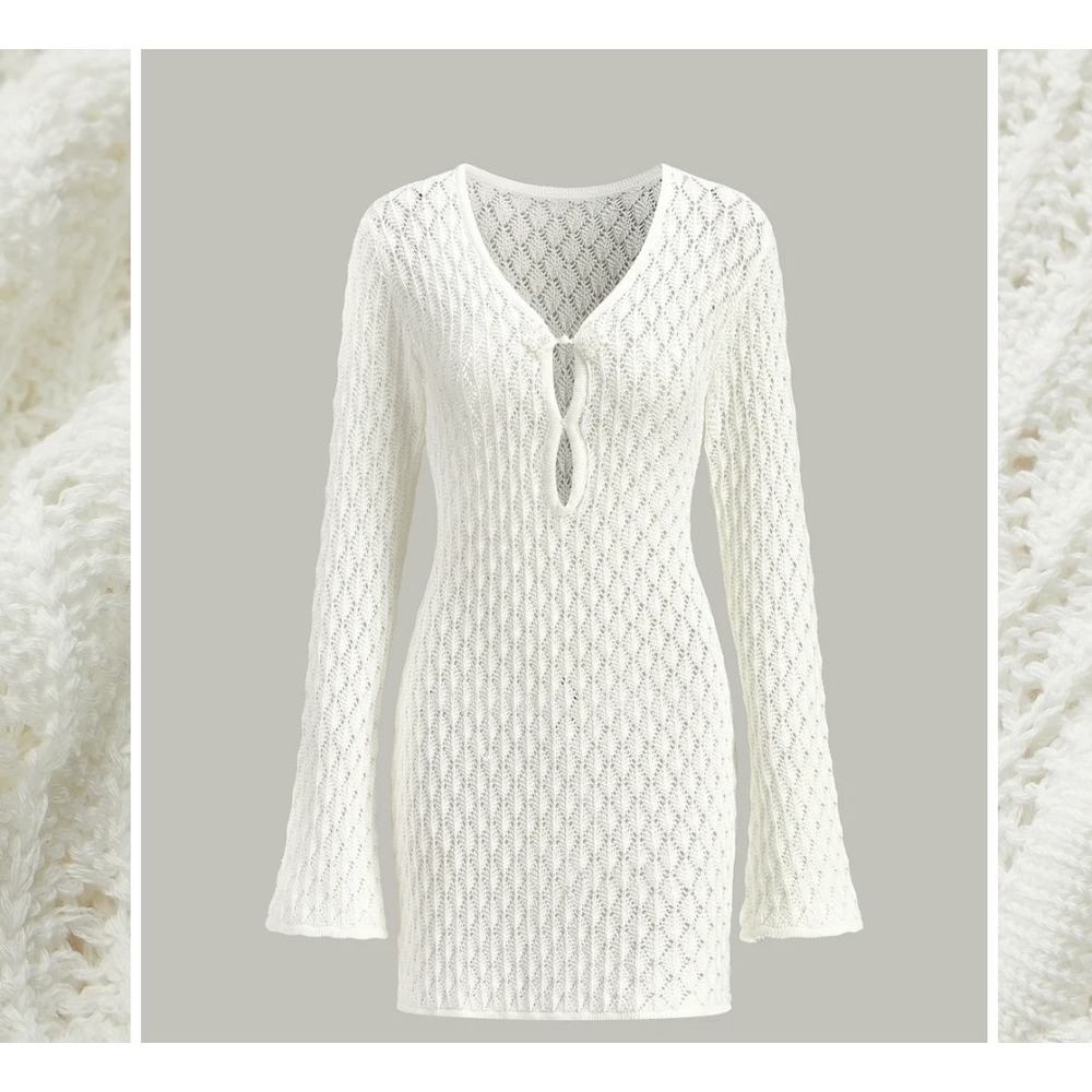 Commense Loose Knit Mini Dress Long Sleeve Ivory Boho Cottage Fairy Pearl Size M